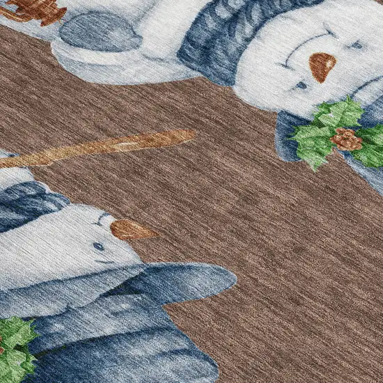 Brown Denim Blue And Ivory Snowmen Washable Indoor Outdoor Area Rug Photo 4