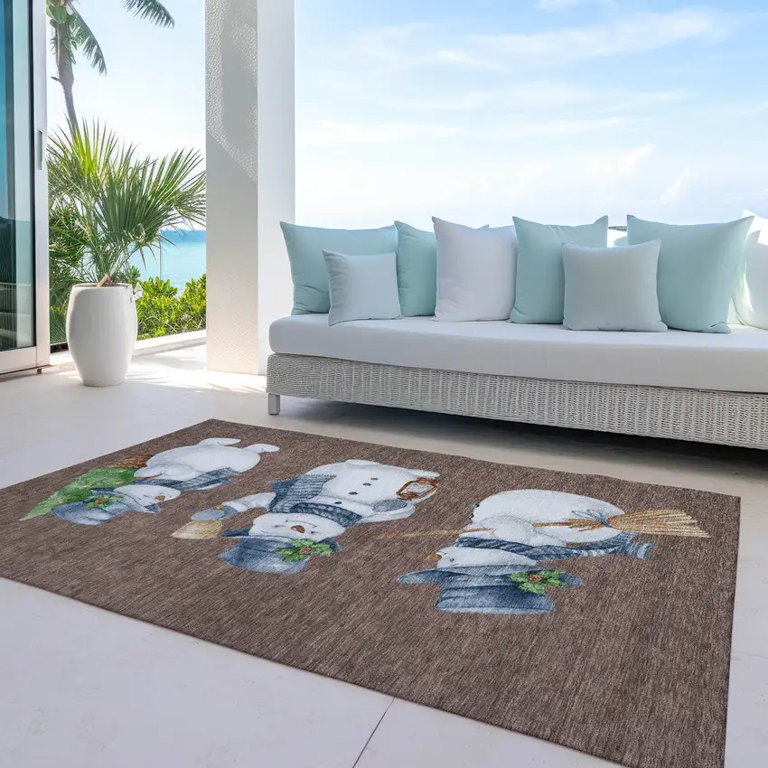 Brown Denim Blue And Ivory Snowmen Washable Indoor Outdoor Area Rug Photo 4
