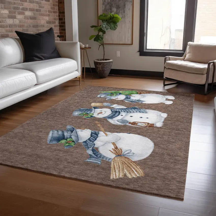 Brown Denim Blue And Ivory Snowmen Washable Indoor Outdoor Area Rug Photo 5