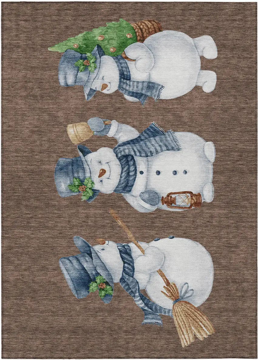Brown Denim Blue And Ivory Snowmen Washable Indoor Outdoor Area Rug Photo 8