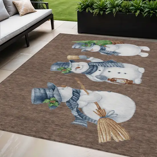 Brown Denim Blue And Ivory Snowmen Washable Indoor Outdoor Area Rug Photo 1