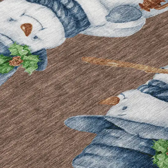Brown Denim Blue And Ivory Snowmen Washable Indoor Outdoor Area Rug Photo 2