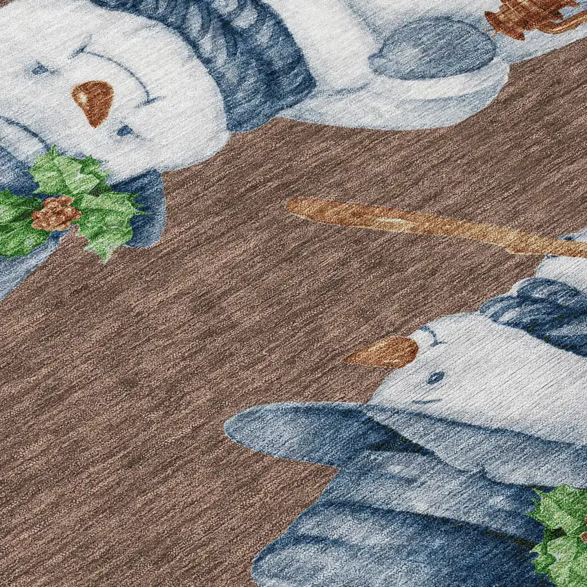 Brown Denim Blue And Ivory Snowmen Washable Indoor Outdoor Area Rug Photo 2