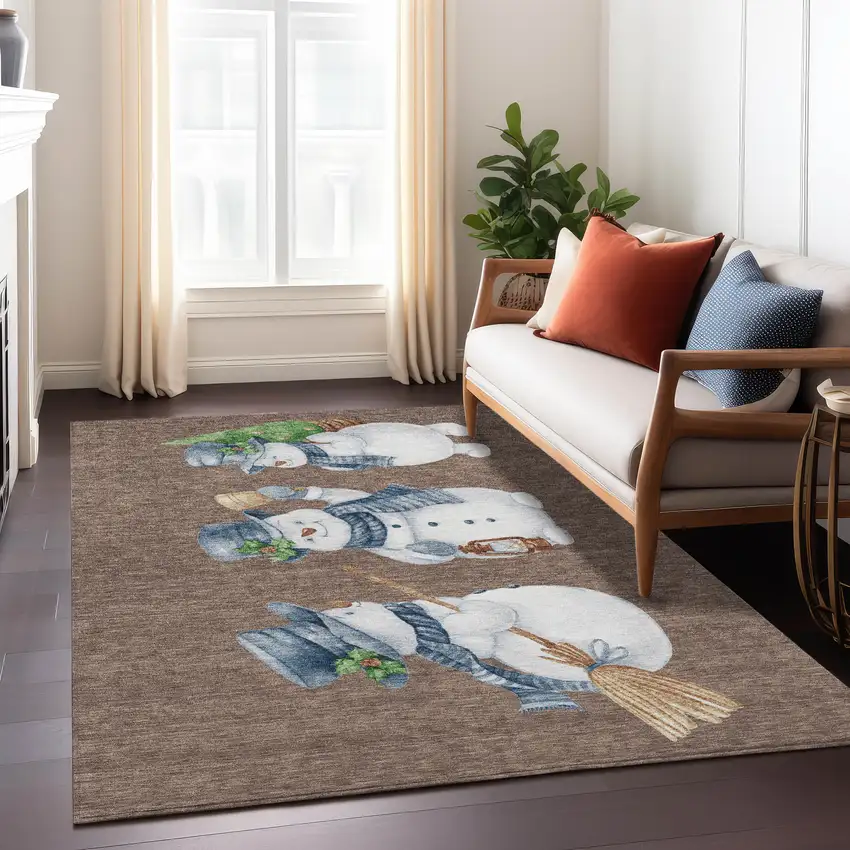 Brown Denim Blue And Ivory Botanical Leaves Washable Indoor Outdoor Area Rug Photo 7