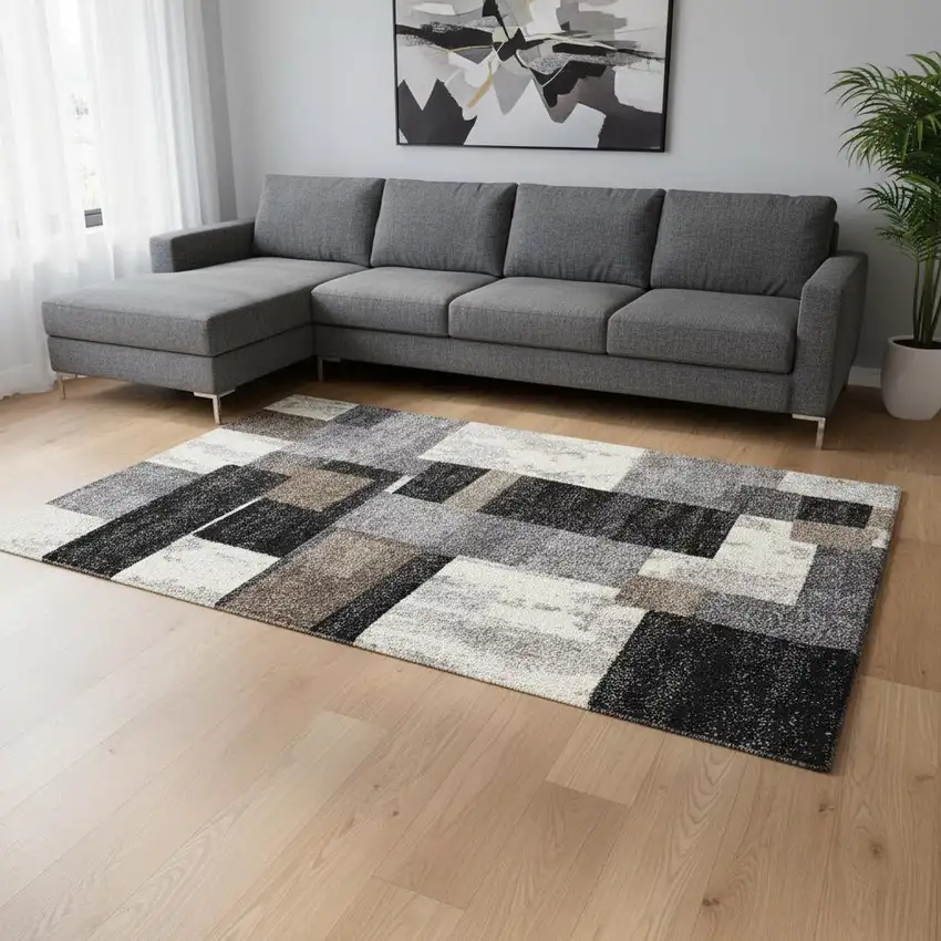 Gray Black and Brown Abstract Geometric Area Rug Photo 2