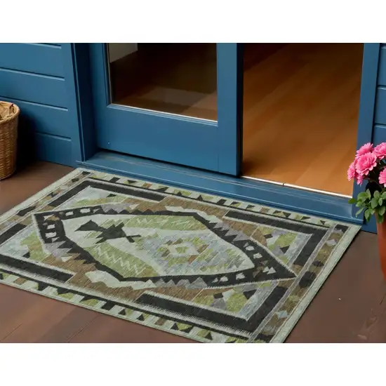 Brown Fern Green And Gray Tribal Washable Indoor Outdoor Area Rug Photo 2