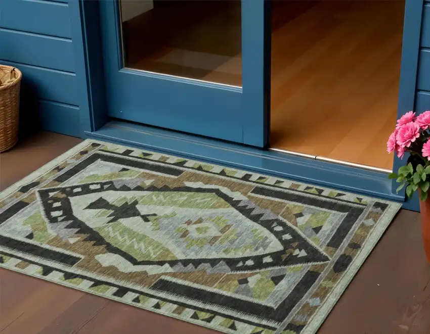 Brown Fern Green And Gray Tribal Washable Indoor Outdoor Area Rug Photo 2