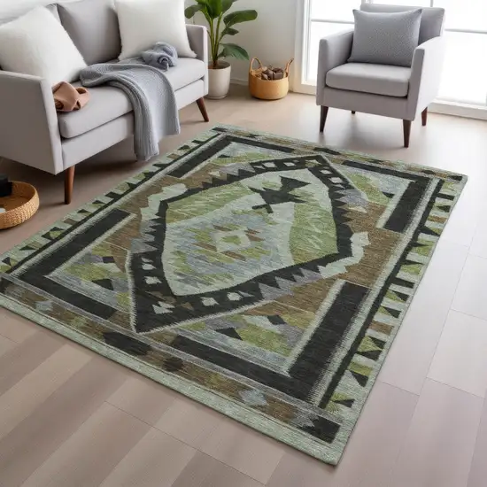 Brown Fern Green And Gray Tribal Washable Indoor Outdoor Area Rug Photo 6