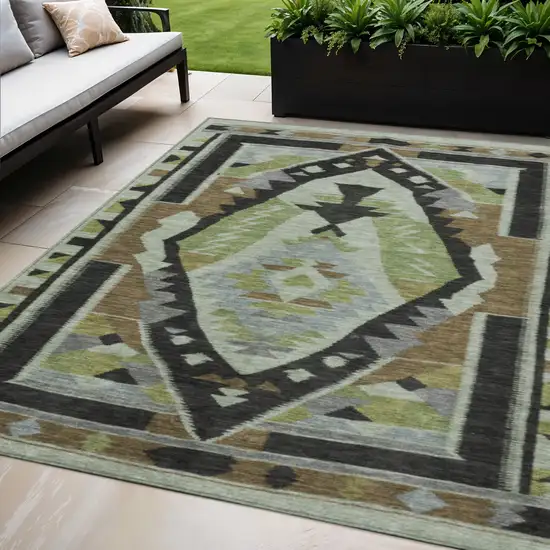 Brown Fern Green And Gray Tribal Washable Indoor Outdoor Area Rug Photo 2