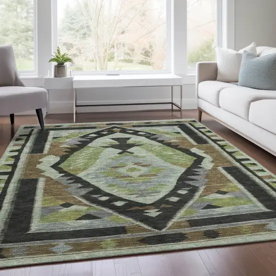 Brown Fern Green And Gray Tribal Washable Indoor Outdoor Area Rug Photo 7