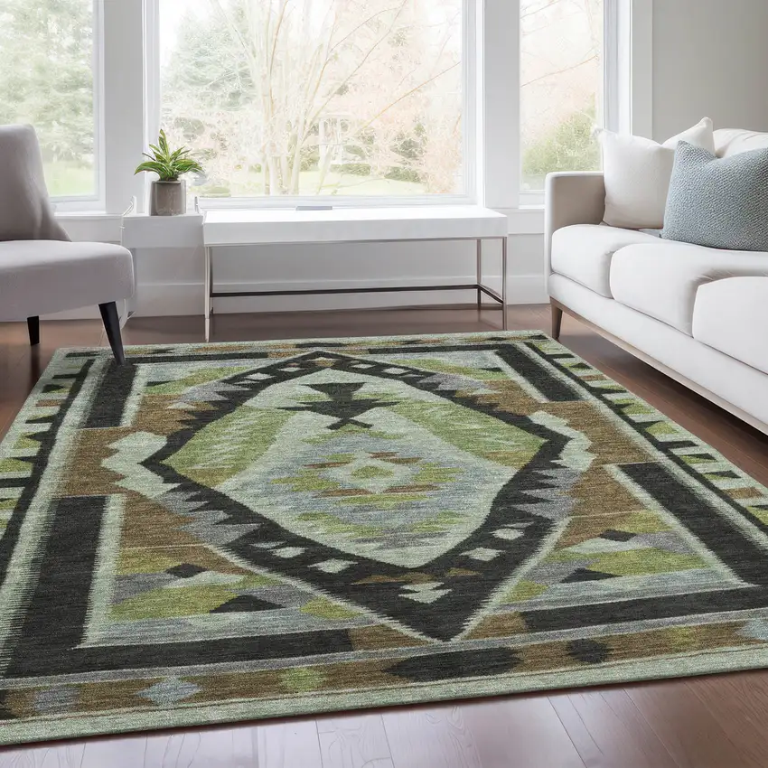 Brown Fern Green And Gray Tribal Washable Indoor Outdoor Area Rug Photo 7