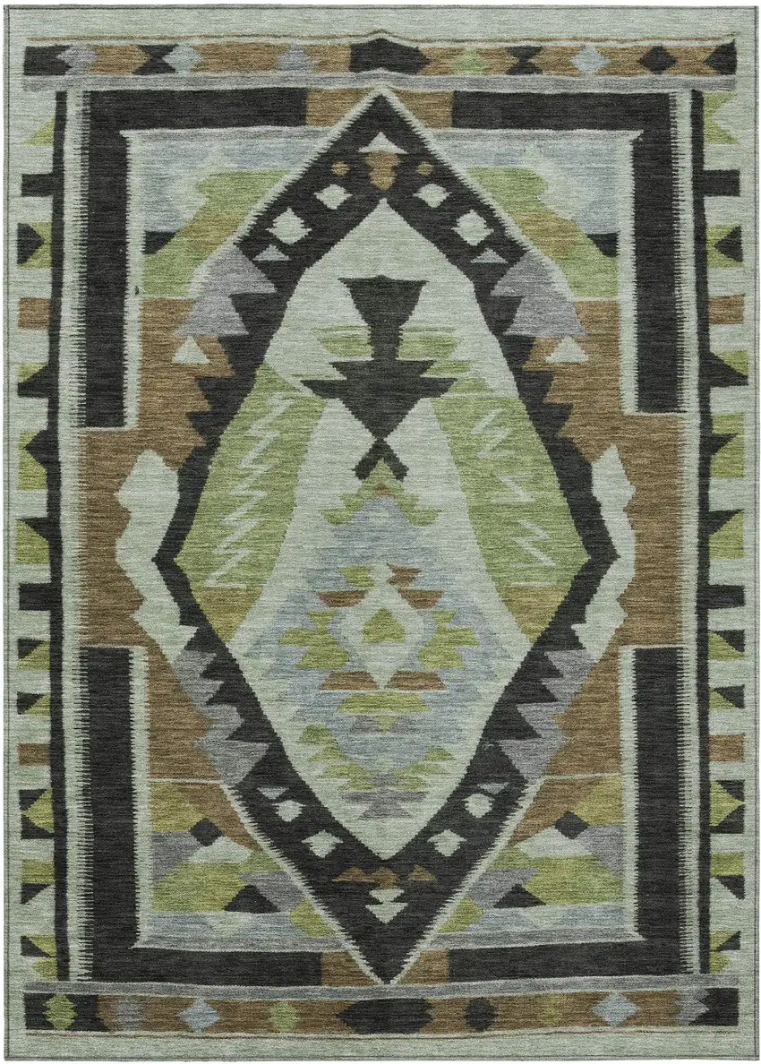 Brown Fern Green And Gray Tribal Washable Indoor Outdoor Area Rug Photo 1