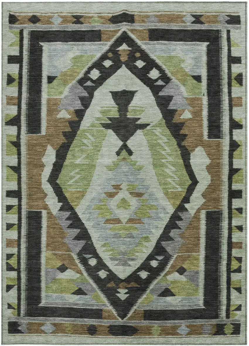 Brown Fern Green And Gray Tribal Washable Indoor Outdoor Area Rug Photo 3