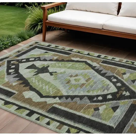 Brown Fern Green And Gray Tribal Washable Indoor Outdoor Area Rug Photo 2