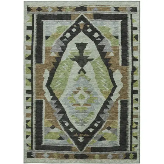 Brown Fern Green And Gray Tribal Washable Indoor Outdoor Area Rug Photo 4