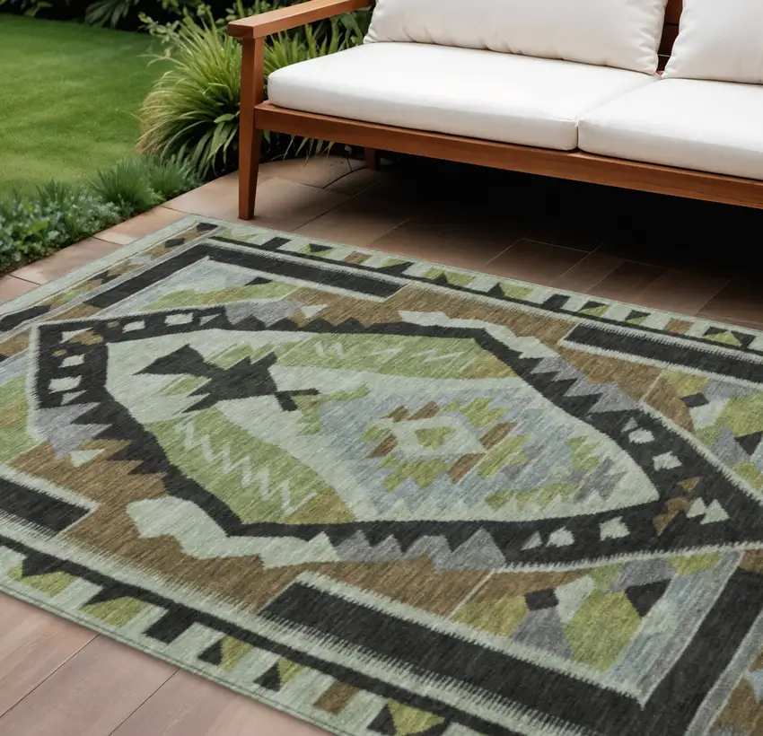 Brown Fern Green And Gray Tribal Washable Indoor Outdoor Area Rug Photo 2