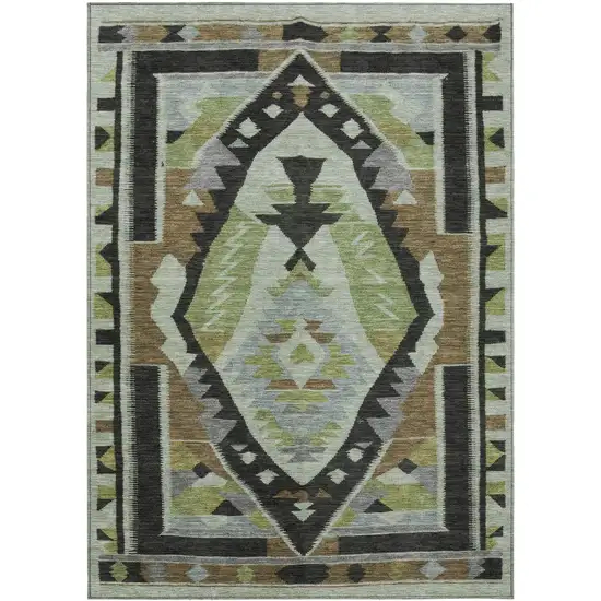 Brown Fern Green And Gray Tribal Washable Indoor Outdoor Area Rug Photo 1
