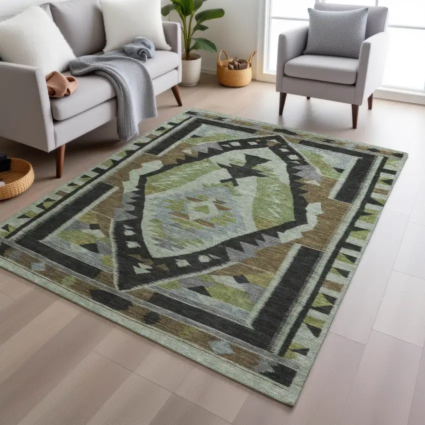 Brown Fern Green And Gray Tribal Washable Indoor Outdoor Area Rug Photo 6