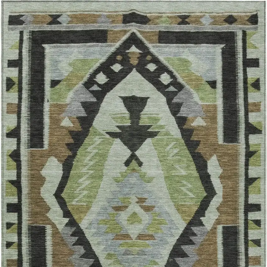 Brown Fern Green And Gray Tribal Washable Indoor Outdoor Area Rug Photo 3