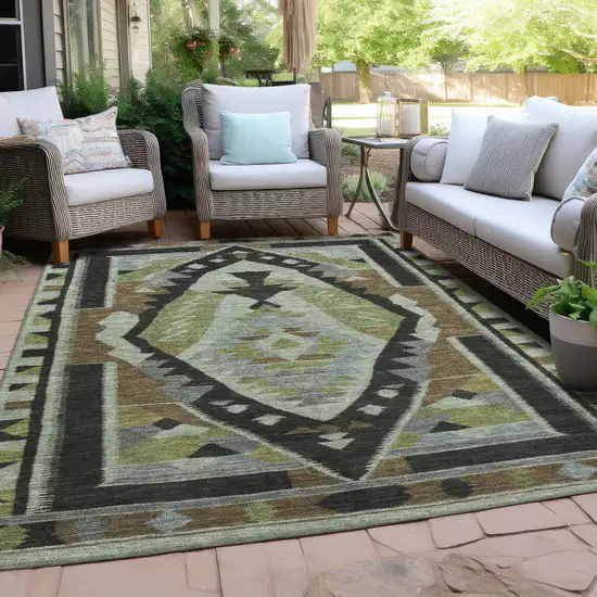 Brown Fern Green And Gray Tribal Washable Indoor Outdoor Area Rug Photo 5
