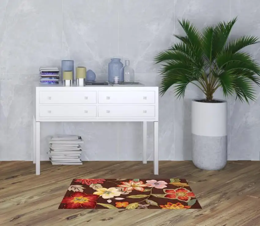 Brown Floral Hand Hooked Handmade Area Rug Photo 2