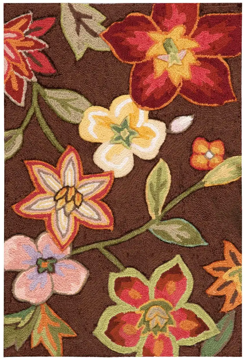 Brown Floral Hand Hooked Handmade Area Rug Photo 3