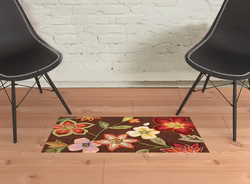Brown Floral Hand Hooked Handmade Area Rug Photo 4