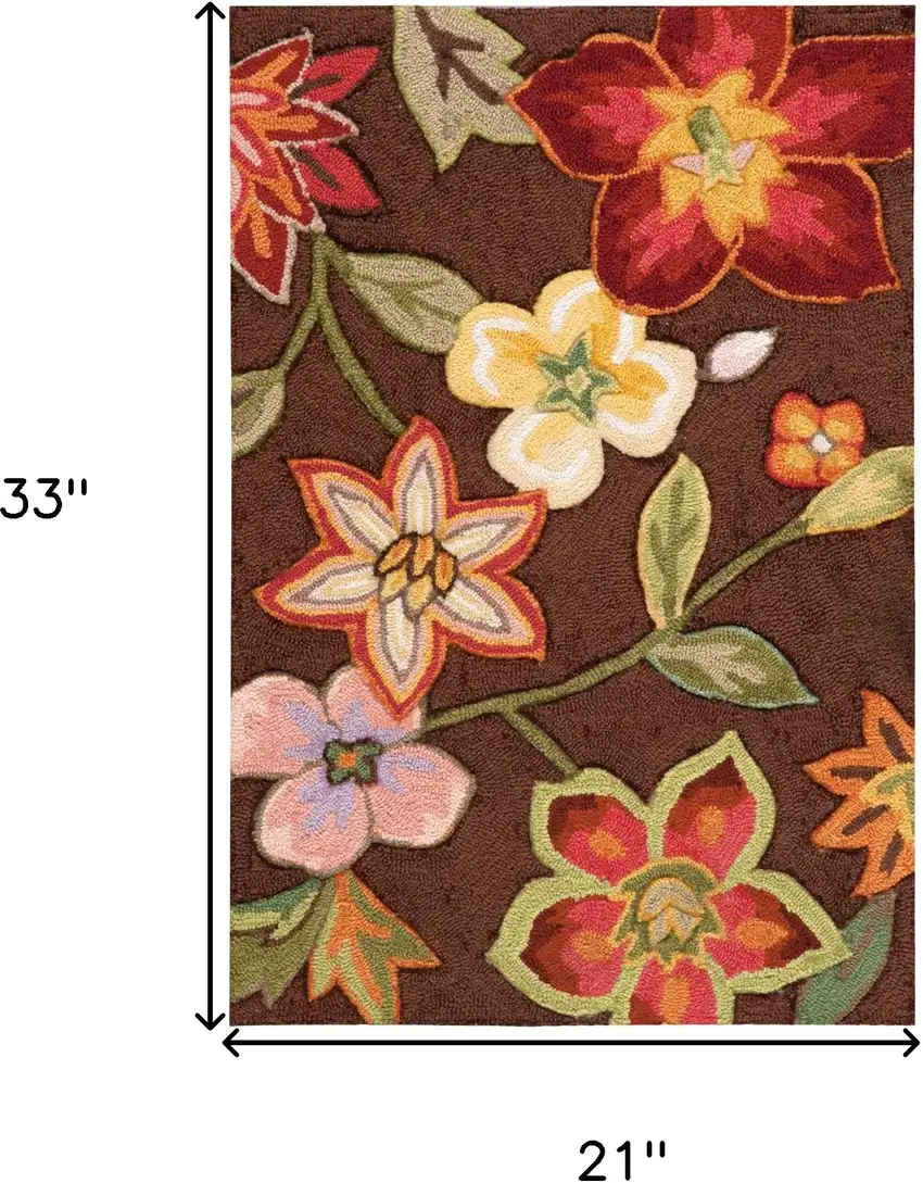 Brown Floral Hand Hooked Handmade Area Rug Photo 2