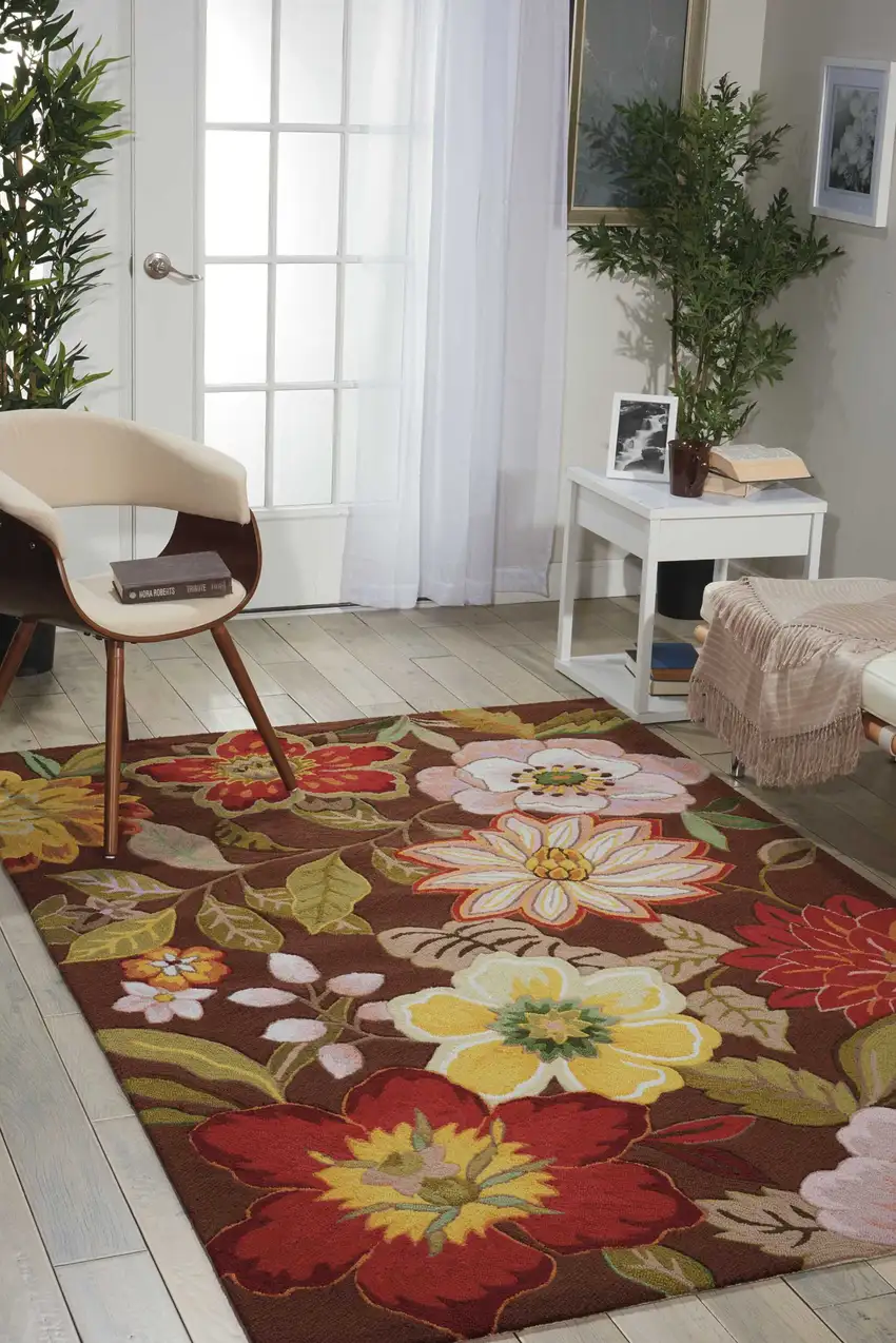 Brown Floral Hand Hooked Handmade Area Rug Photo 5
