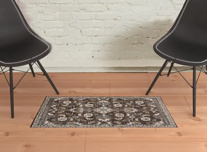 Brown Floral Power Loom Area Rug With Fringe Photo 2