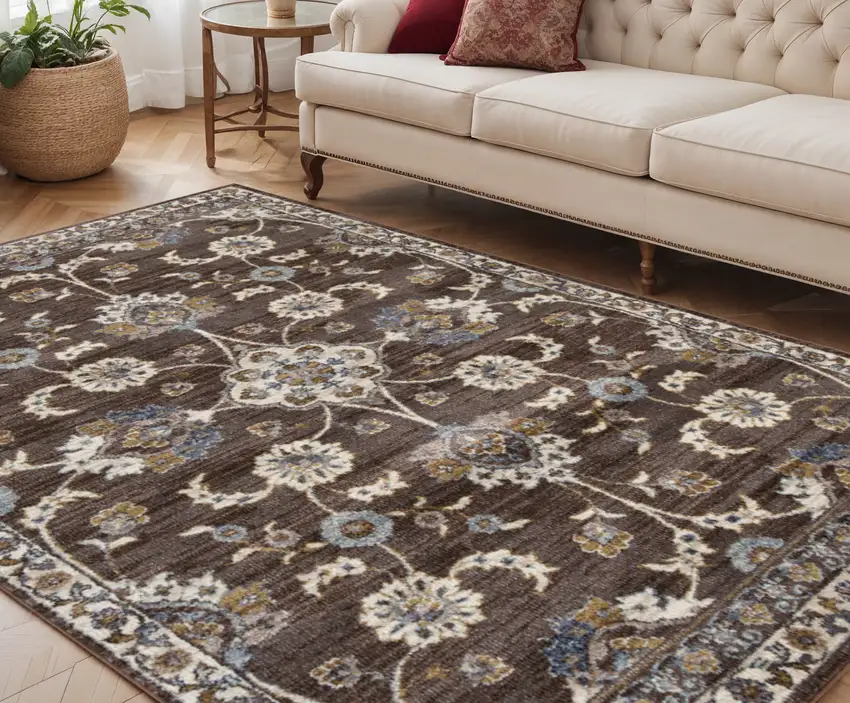 Ivory Blue and Brown Floral Power Loom Area Rug Photo 1