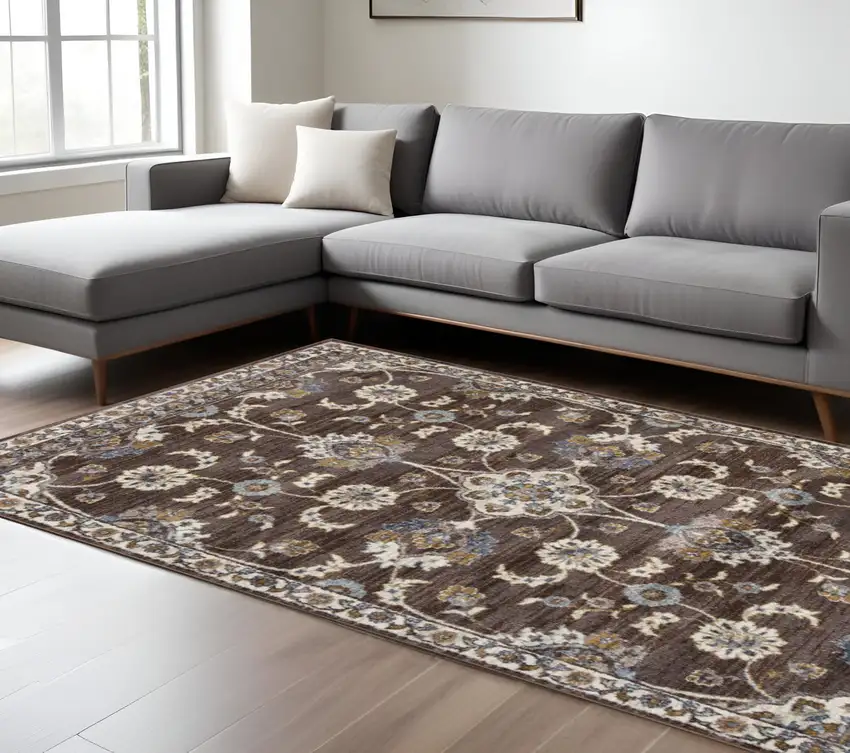 Ivory Blue and Brown Floral Power Loom Area Rug Photo 1