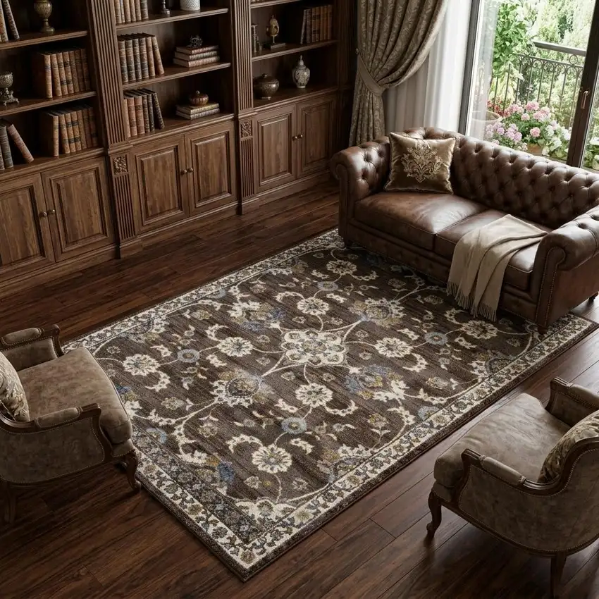 Ivory Blue And Brown Floral Area Rug Photo 1