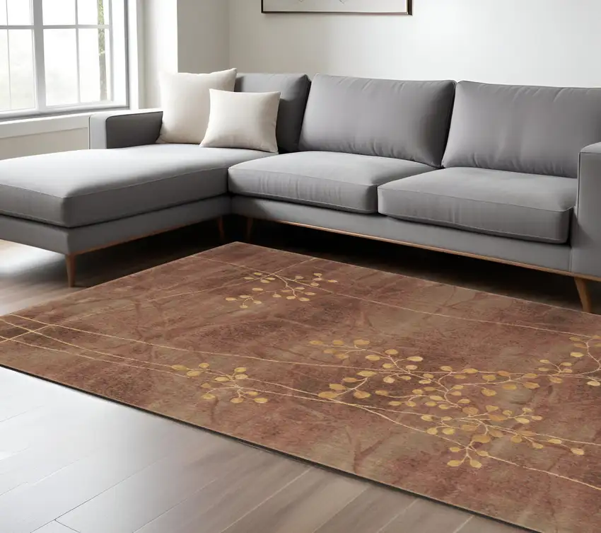 Brown Floral Power Loom Non Skid Area Rug Photo 1