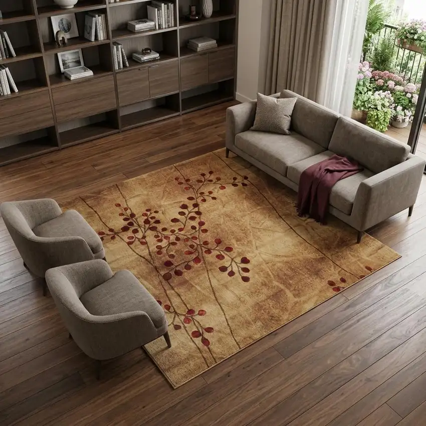 Brown Floral Power Loom Area Rug Photo 1