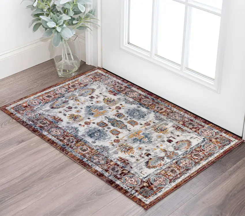 Ivory Brown and Orange Floral Power Loom Area Rug Photo 1