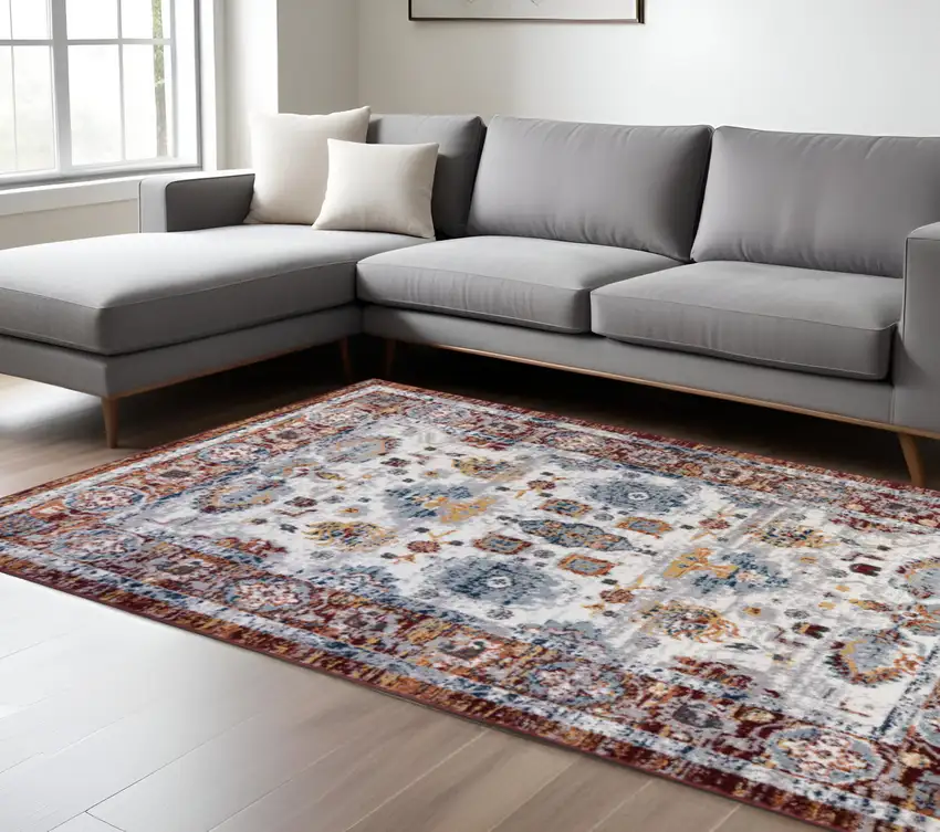 Ivory Brown and Orange Floral Power Loom Area Rug Photo 1