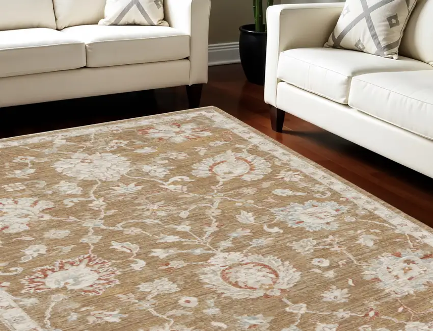 Brown Floral Power Loom Distressed Area Rug With Fringe Photo 1