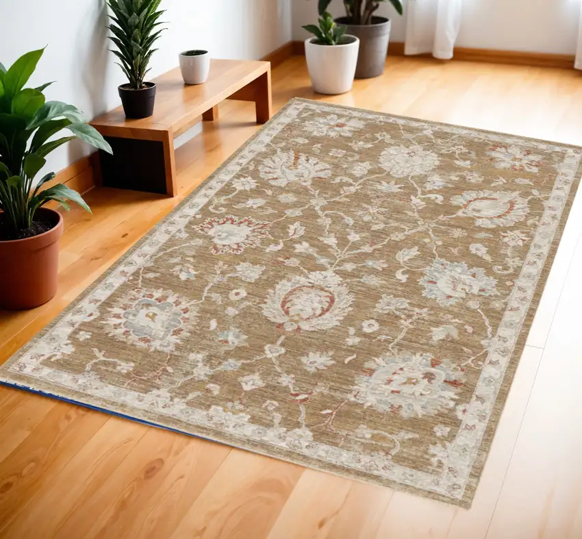 Brown Floral Power Loom Distressed Area Rug Photo 1