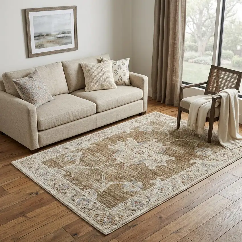 Brown Floral Power Loom Distressed Area Rug Photo 1