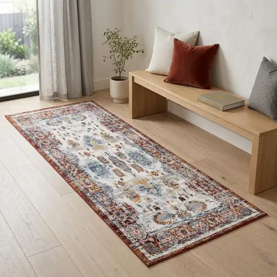 6' Ivory Brown And Orange Floral Runner Rug Photo 1