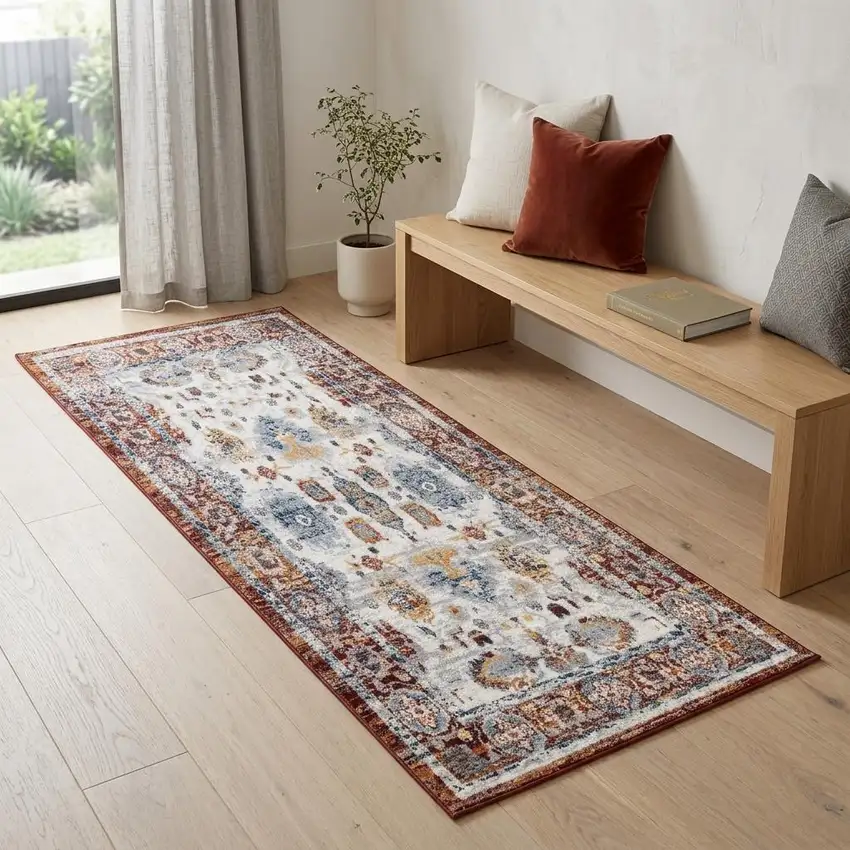 6' Ivory Brown And Orange Floral Runner Rug Photo 1