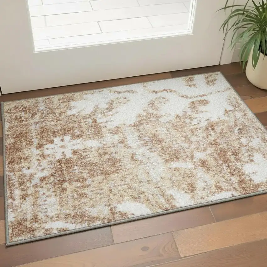 Brown Floral Power Loom Worn Faded Area Rug Photo 1