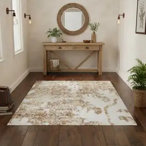 Photo of Brown Floral Power Loom Worn Faded Area Rug