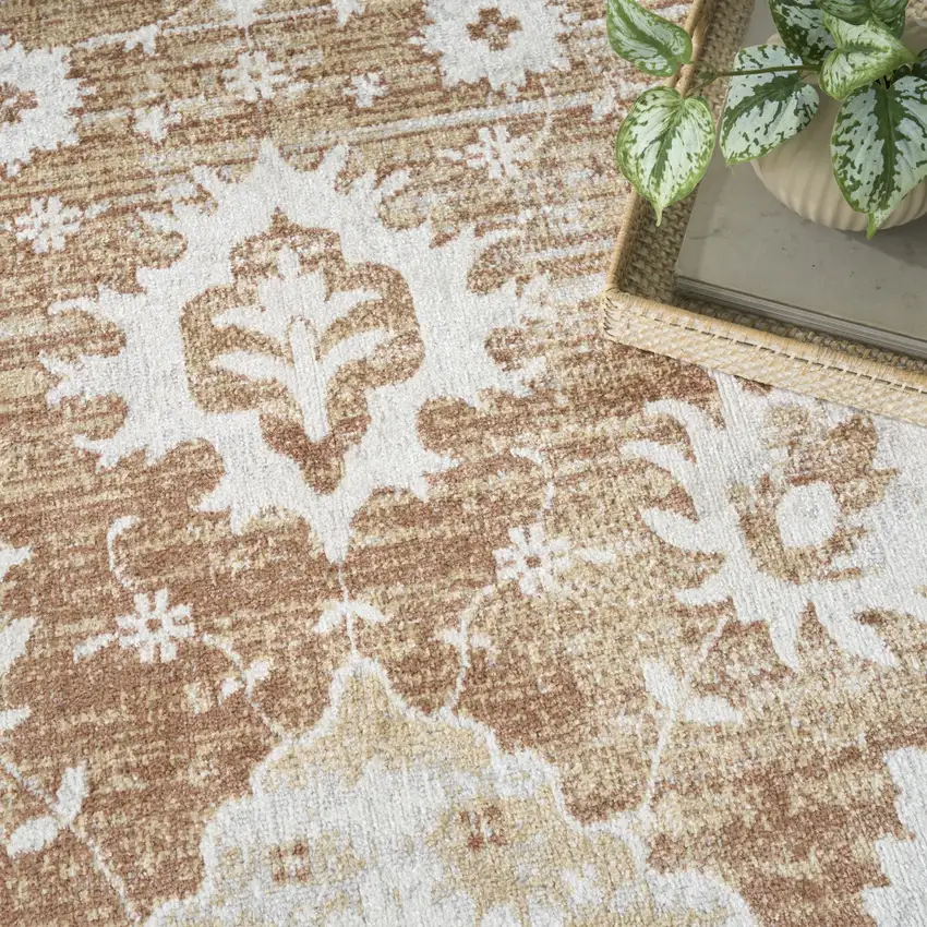 Brown Floral Power Loom Worn Faded Area Rug Photo 9