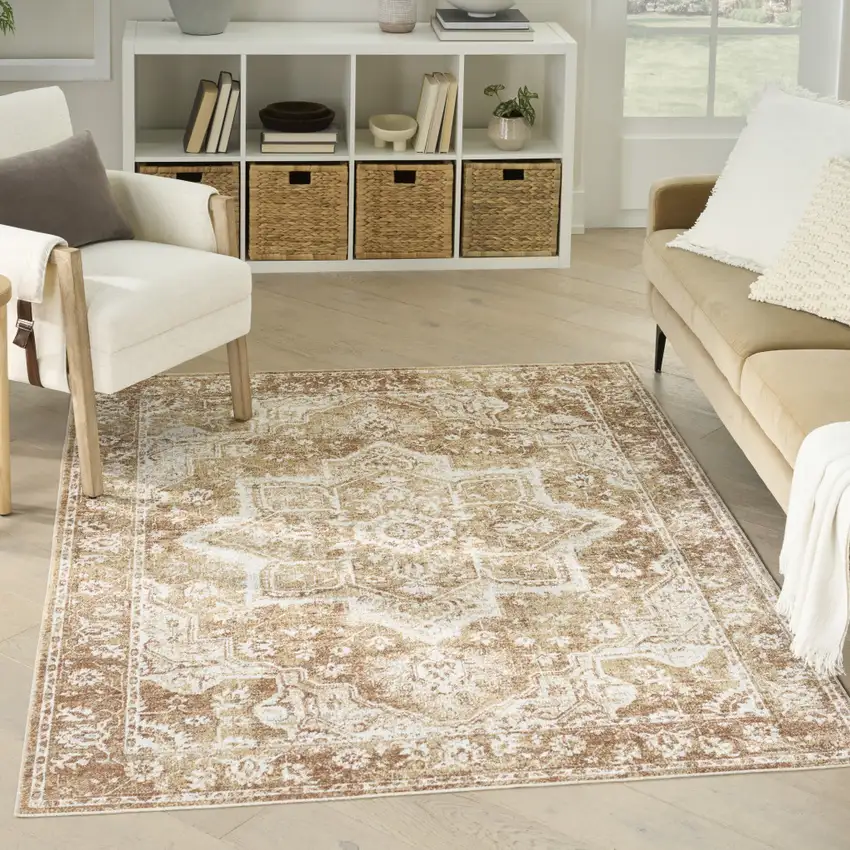 Brown Floral Power Loom Worn Faded Area Rug Photo 4