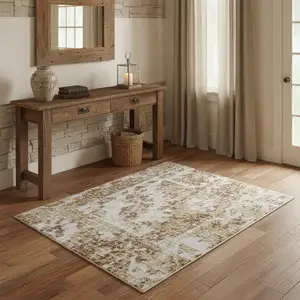 Photo of Brown Floral Power Loom Worn Faded Area Rug