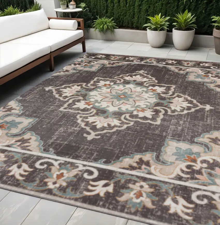 Brown Floral Stain Resistant Indoor Outdoor Area Rug Photo 1