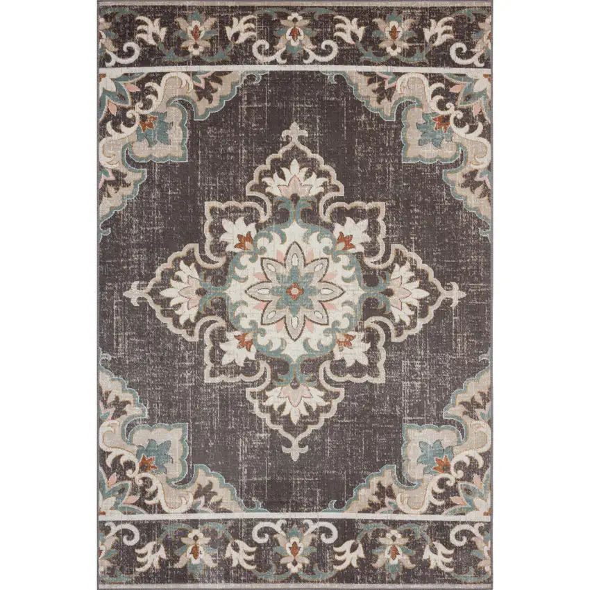 Brown Floral Stain Resistant Indoor Outdoor Area Rug Photo 1