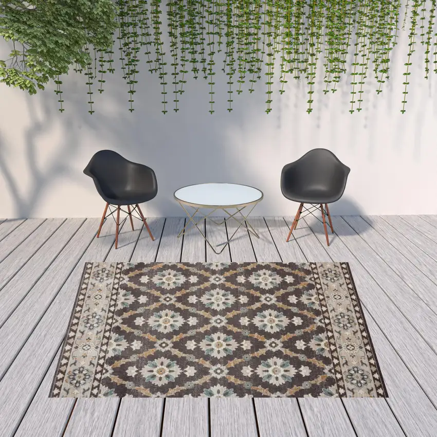 Brown Floral Stain Resistant Indoor Outdoor Area Rug Photo 2